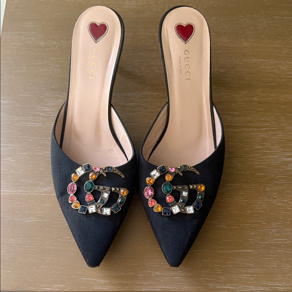 Gucci Black Satin Jeweled Gg Pointed Toe Mule With Pink Insole